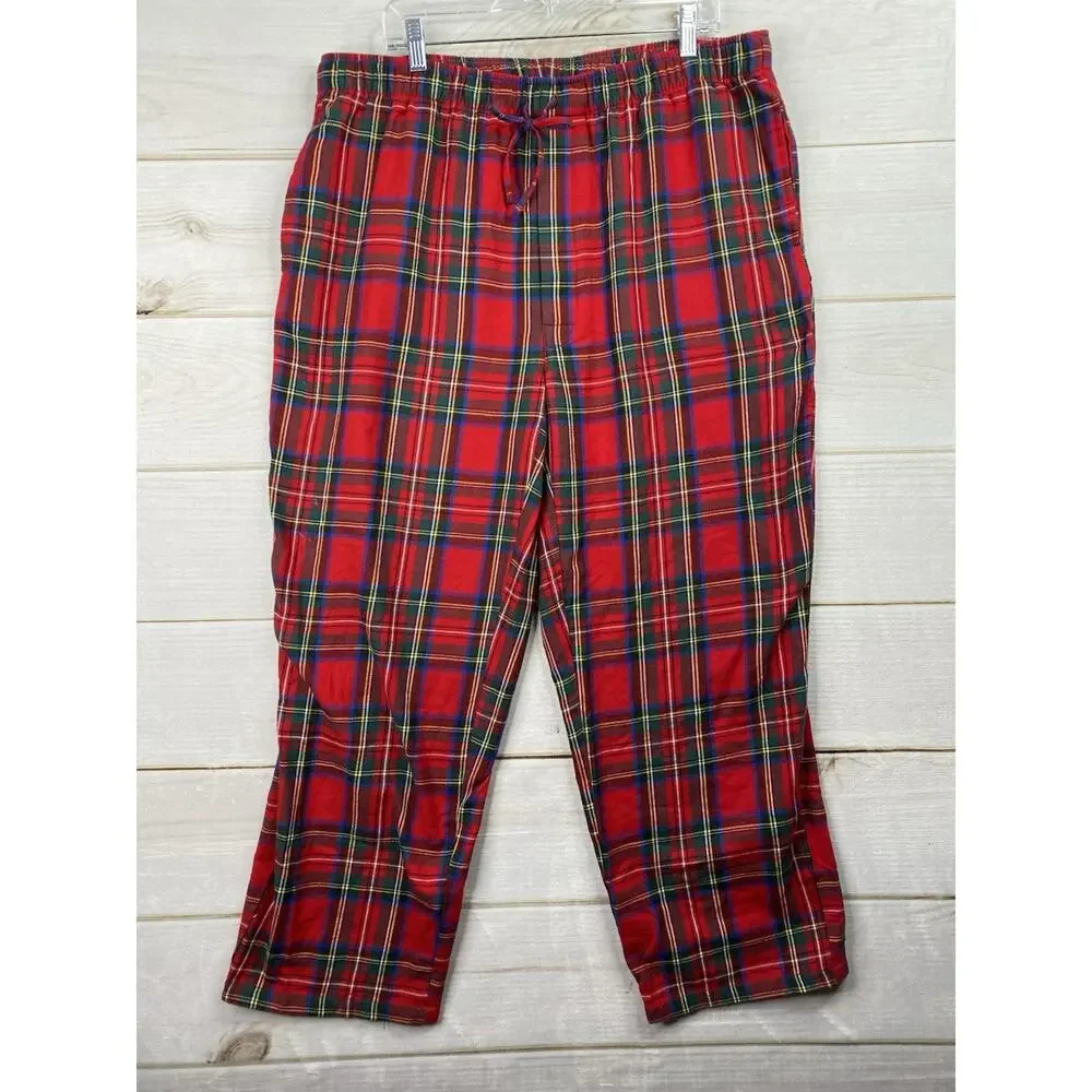 Lands End Mens Sleep Pants XL 40/42 Flannel Pajama Lounge Red Plaid Drawstring
